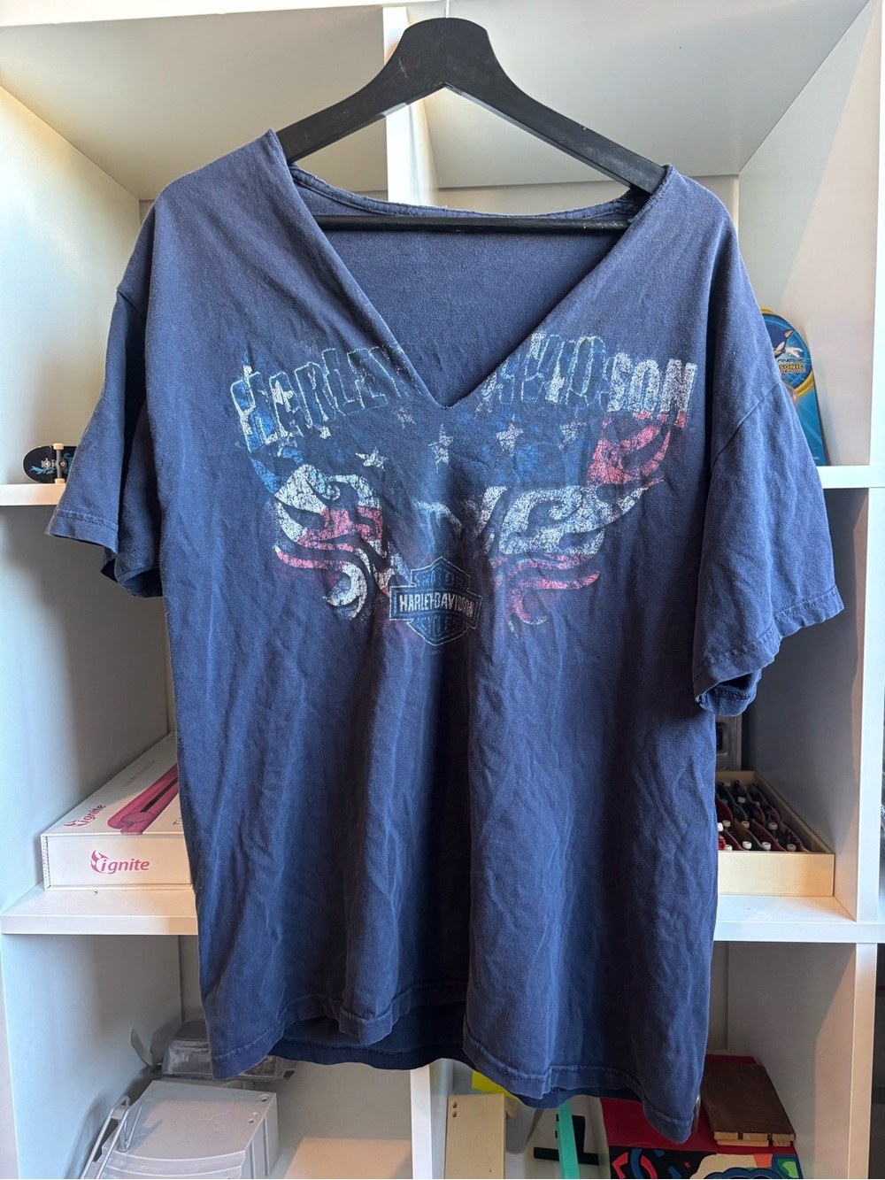 Harley-Davidson Navy distressed V-Neck Tee with Faded Flag Wing Graphic